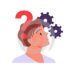 Man with question mark and gears above head, portrait of curious person in doubt