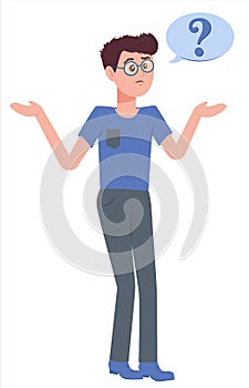 Man with question mark in think bubble. People thinking or solving problem. Pensive boy. Dilemma vector flat cartoon