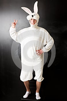 Man in a rabbit costume showing a peace sign photo