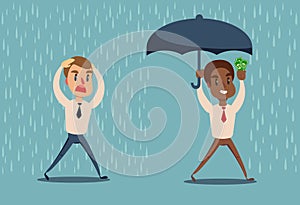 Man in the rain. Businessman go from the rain while another businessman has the umbrella.