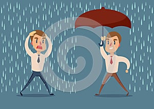 Man in the rain. businessman run from the rain while another businessman has the umbrella.