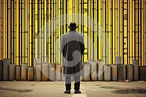 Man in Raincoat and Hat Facing a Cybercity Wall
