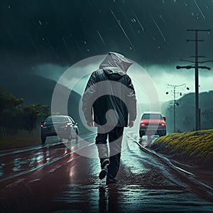 Man in raincoat with hood walking on the road in rainy day AI Generated