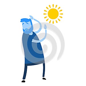 Man raised his hands hiding from the sun. Cartoon design icon. Flat vector illustration. Isolated on white background.