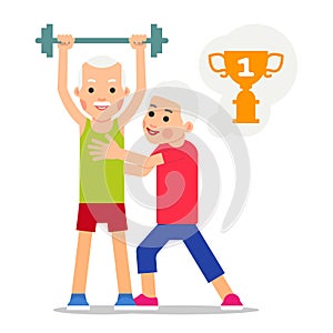 Man raises barbell. Woman supports him and thinks about award in