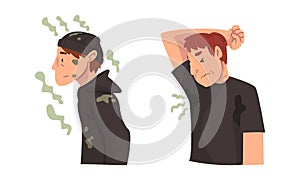 Man Raising Hand Feeling Bad Smell from Armpit and Wearing Dirty Clothes Vector Set