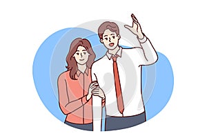 Man raising hand wanting to be noticed and modest smiling woman standing behind. Vector image