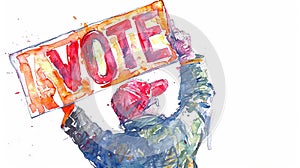 Man raising a VOTE sign high, watercolor illustration with dynamic splatters. Encouraging political participation and