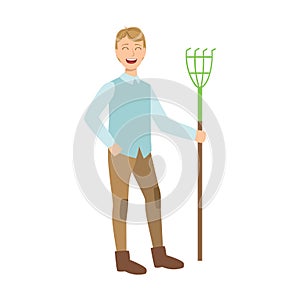 Man With Rake, Cartoon Adult Characters Cleaning And Tiding Up