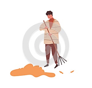 Man raking heap of autumn leaves use rake vector flat illustration. Male sweeping fall dry yellow foliage tidying
