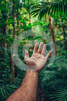 A man reaching out to touch a tree in the middle of some green forest, AI