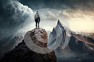 Man Reaching the Summit, man on top of a mountain. Ai generated