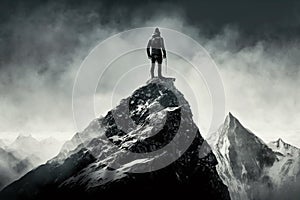 Man Reaching the Summit, man on top of a mountain. Ai generated