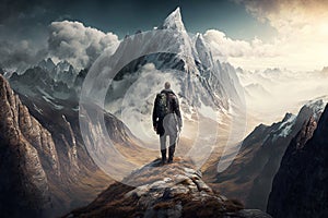 Man Reaching the Summit, man on top of a mountain. Ai generated