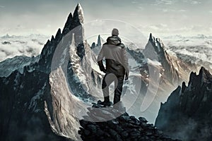 Man Reaching the Summit, man on top of a mountain. Ai generated