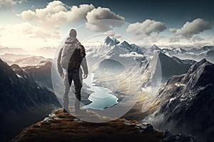 Man Reaching the Summit, man on top of a mountain. Ai generated