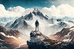 Man Reaching the Summit, man on top of a mountain. Ai generated