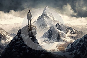 Man Reaching the Summit, man on top of a mountain. Ai generated