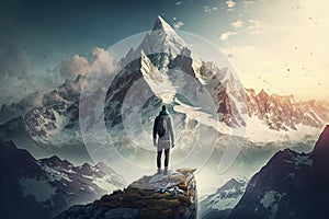 Man Reaching the Summit, man on top of a mountain. Ai generated