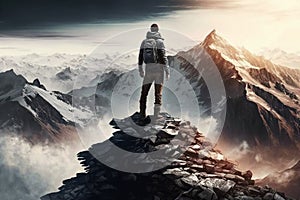 Man Reaching the Summit, man on top of a mountain. Ai generated