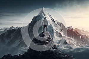 Man Reaching the Summit, man on top of a mountain. Ai generated