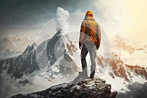 Man Reaching the Summit, man on top of a mountain. Ai generated