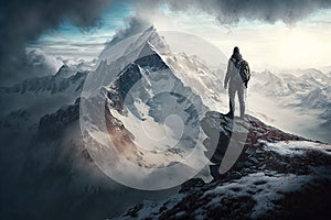 Man Reaching the Summit, man on top of a mountain. Ai generated