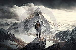 Man Reaching the Summit, man on top of a mountain. Ai generated