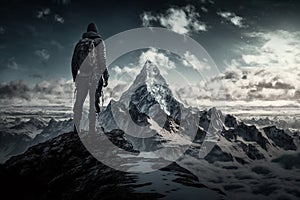 Man Reaching the Summit, man on top of a mountain. Ai generated