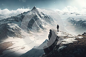 Man Reaching the Summit, man on top of a mountain. Ai generated