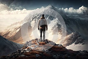 Man Reaching the Summit, man on top of a mountain. Ai generated