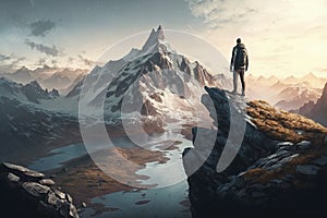 Man Reaching the Summit, man on top of a mountain. Ai generated