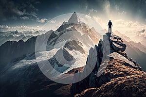 Man Reaching the Summit, man on top of a mountain. Ai generated