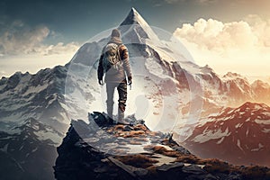 Man Reaching the Summit, man on top of a mountain. Ai generated