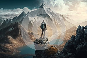 Man Reaching the Summit, man on top of a mountain. Ai generated