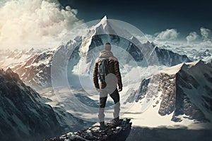 Man Reaching the Summit, man on top of a mountain. Ai generated