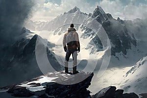 Man Reaching the Summit, man on top of a mountain. Ai generated