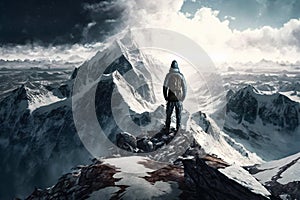 Man Reaching the Summit, man on top of a mountain. Ai generated