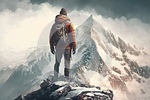 Man Reaching the Summit, man on top of a mountain. Ai generated