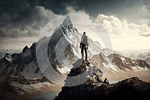 Man Reaching the Summit, man on top of a mountain. Ai generated