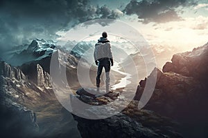 Man Reaching the Summit, man on top of a mountain. Ai generated