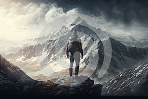 Man Reaching the Summit, man on top of a mountain. Ai generated