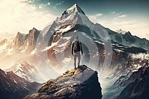 Man Reaching the Summit, man on top of a mountain. Ai generated