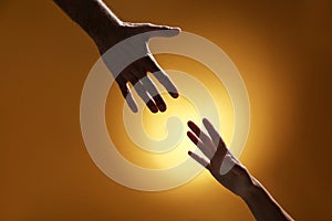 Man reaching for woman`s hand on color background, closeup.