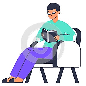 Man read book. Male literature lover with book in hands, guy reading book in comfy armchair isolated flat vector illustration on