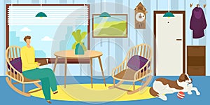 Man read at home, vector illustration, male person character hold book, living room with dog pet, young guy sitting at