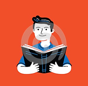 Man reading book in flat cartoon style. Education, school symbol vector illustration