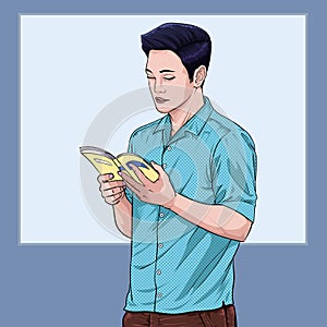 A Man reading a book in Morning Illustration vector On pop art comic style Board colorful background