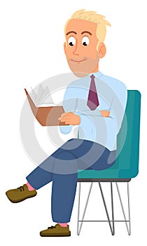 Man reading book. Sitting booklover. Happy person