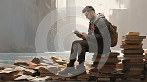 Man reading book while sitting on pile of books